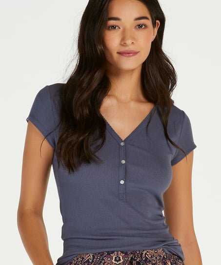Short sleeve rib placket pyjama top. - Gray