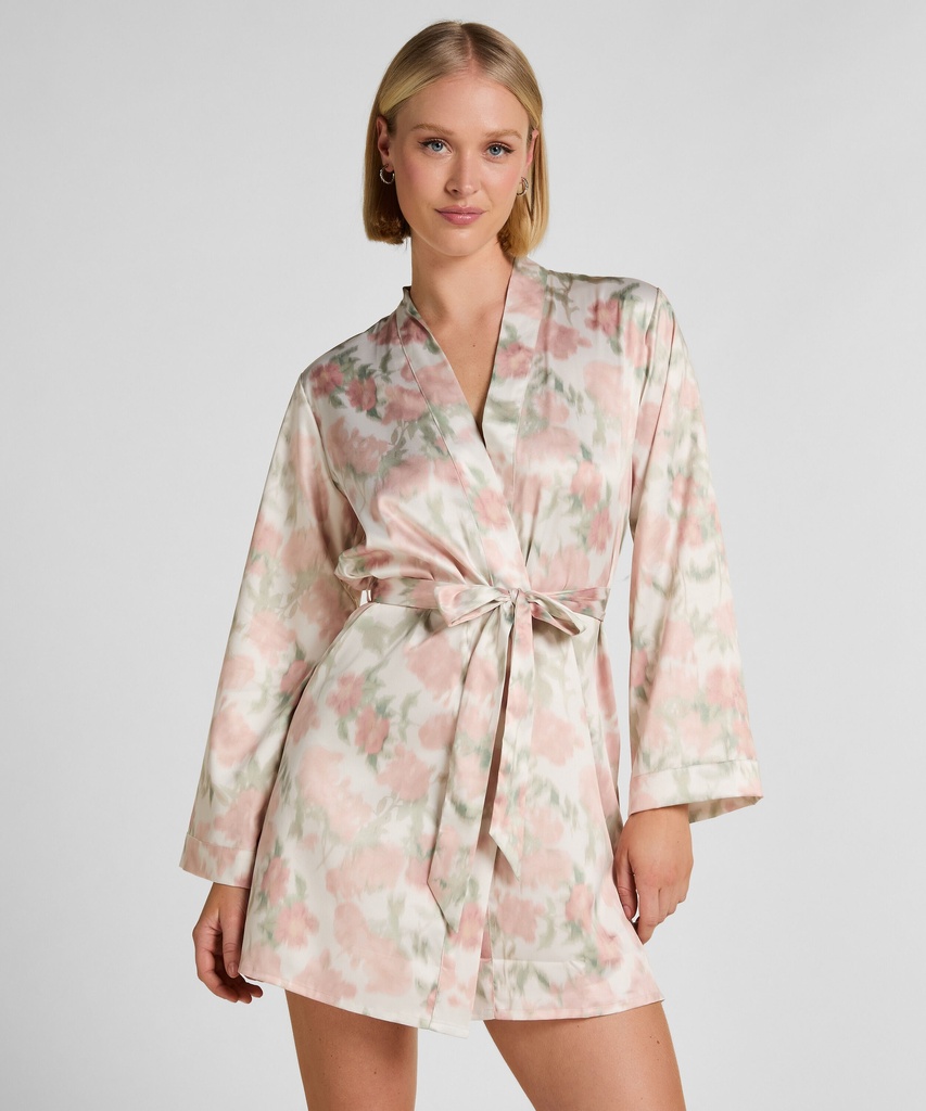 Kimono Satiné à Imprimé Floral - Blanc