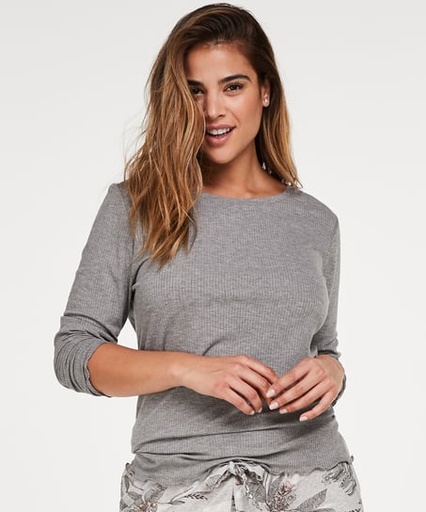 [151932001] Ribbed Crew Neck Long-Sleeved Pyjama Top - Gray