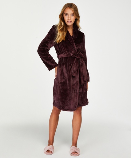 [169405001] Short Fleece Ribbed Bathrobe - Purple