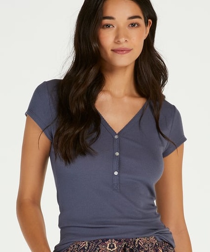 Short sleeve rib placket pyjama top. - Gray